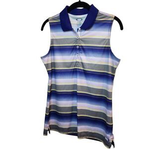 Oakley Womens Striped Tank Top Collared Active Sleeveless Shirt Blue Small